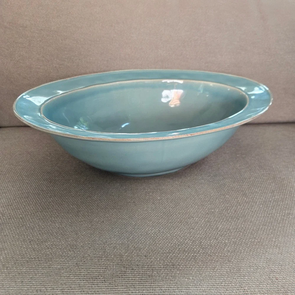 Pottery Barn Cambria Serving Bowl Turquoise 14in Oval Stoneware Portugal Coastal